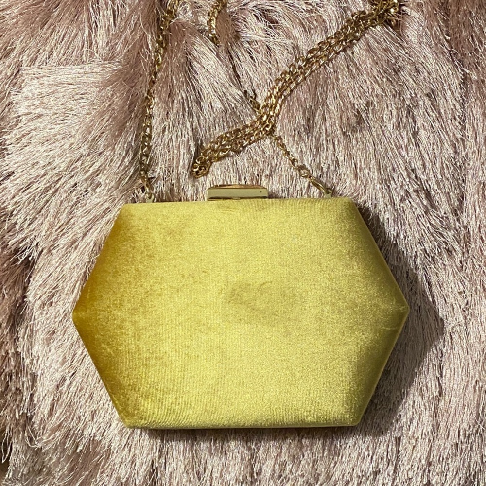 Madison West Mustard Velvet Clutch with Gold Chain